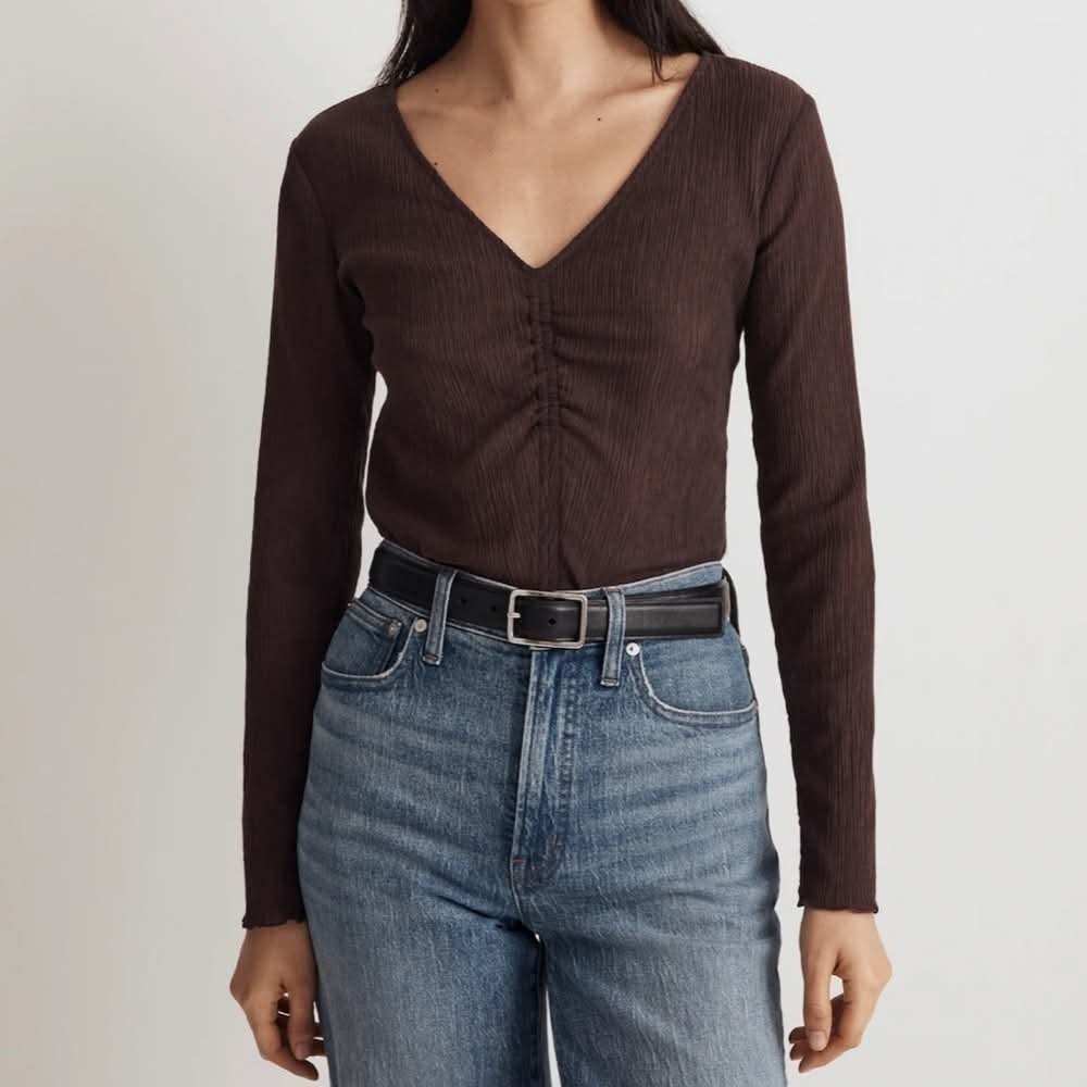 Madewell‎ Ruched V-Neck Top Women XS Brown Crinkle Textured Long Sleeve